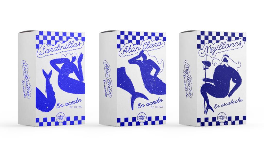 Tres cajas de conservas con ilustraciones de sirenas en tonos azules.