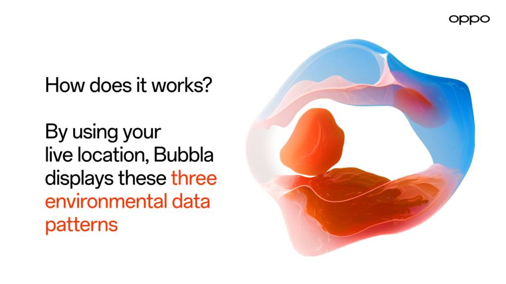 La imagen muestra una representación gráfica sobre el funcionamiento de una aplicación llamada Bubbla que utiliza la ubicación en vivo para mostrar patrones de datos ambientales.