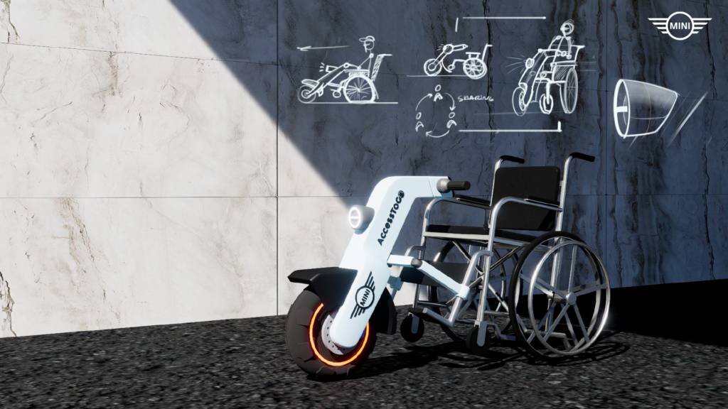 Una silla de ruedas innovadora con un diseño moderno y un motor eléctrico.