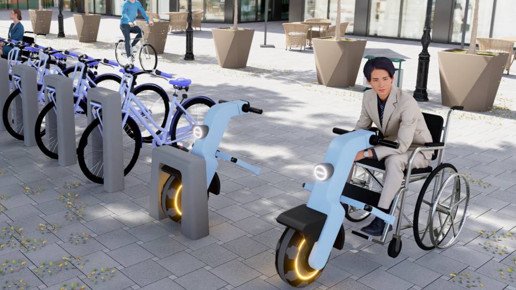 Una persona en silla de ruedas se prepara para utilizar una bicicleta adaptada en un entorno urbano.