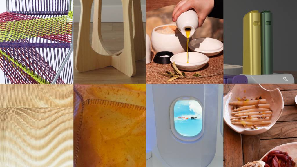 Collage de varios objetos y escenas que incluyen diseño, alimentos y vista a través de una ventana.