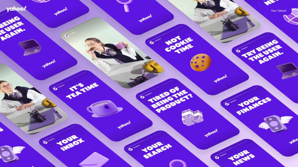 Una colección de tarjetas coloridas con mensajes y elementos gráficos sobre el uso y productos de Yahoo.