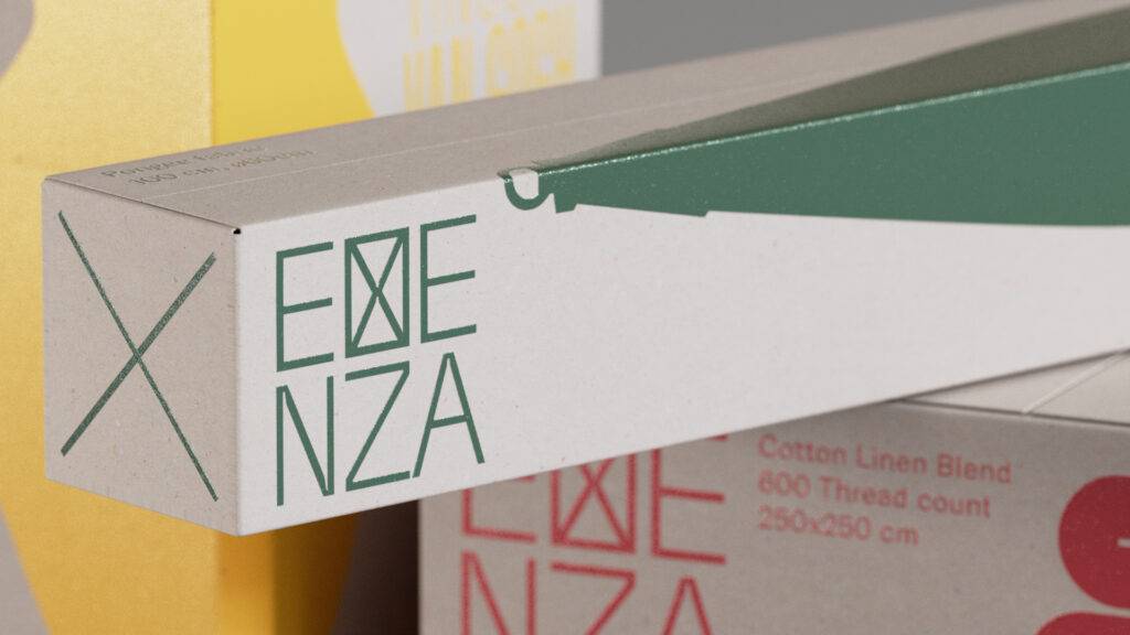 La imagen muestra una caja de un producto de textil con diseño minimalista y colores neutros.