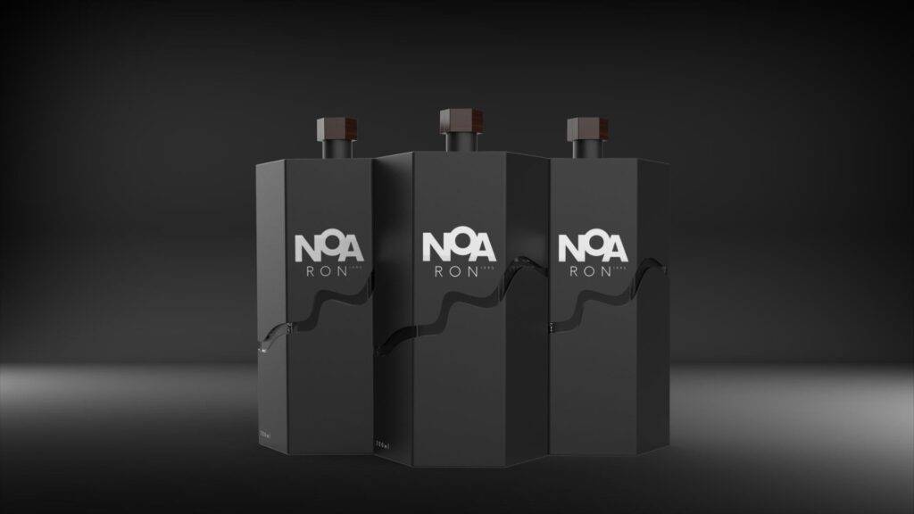 Tres botellas de ron con diseño elegante y moderno en un fondo oscuro.