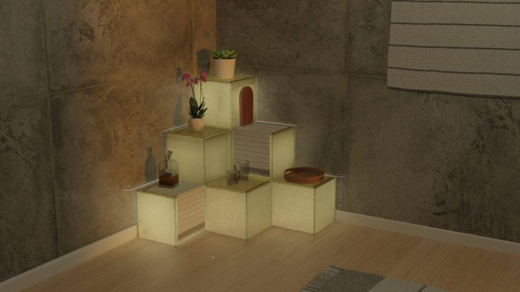 Una esquina de habitación con estantes iluminados y decorados con plantas y objetos ornamentales.