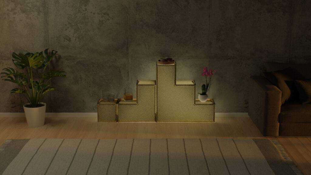 Una sala moderna con un mueble decorativo en forma de escalera y plantas.