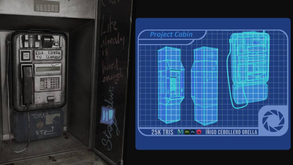 Una cabina telefónica antigua junto a un diseño técnico de un proyecto relacionado.