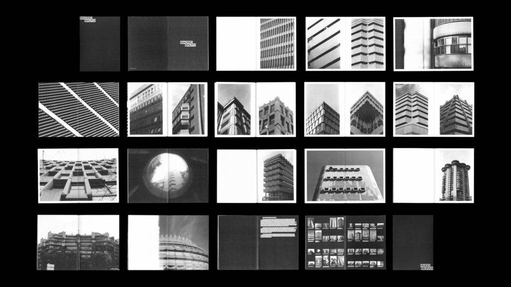 Una colección de imágenes en blanco y negro que muestran diversos edificios y estructuras arquitectónicas.