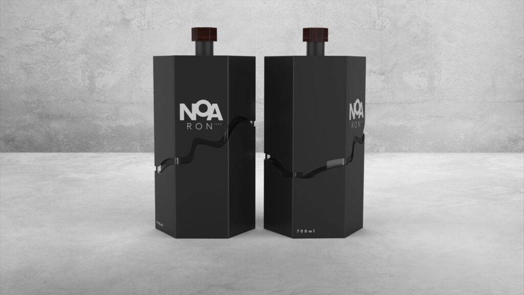 La imagen muestra una botella de ron de diseño moderno y elegante.