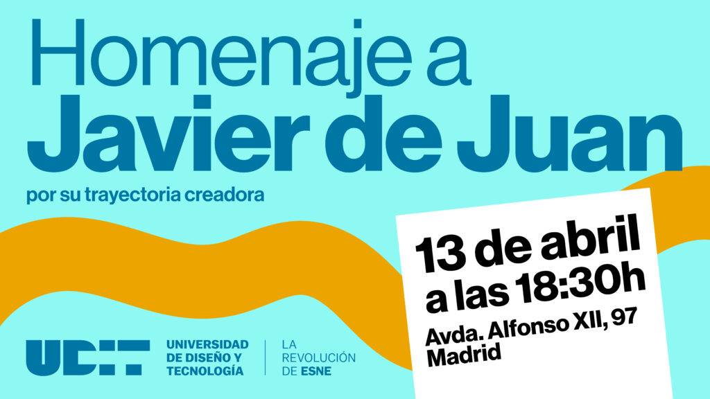 El cartel anuncia un homenaje a Javier de Juan por su trayectoria creadora, programado para el 13 de abril a las 18:30 en Madrid.