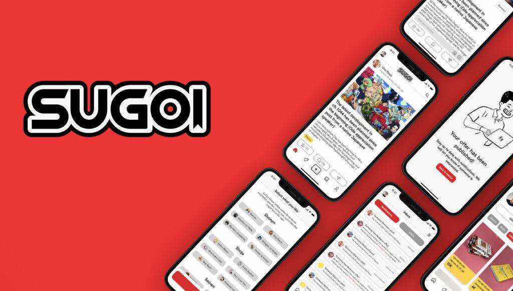 La imagen muestra varios teléfonos móviles sobre un fondo rojo, exhibiendo una aplicación llamada Sugoi que parece estar relacionada con contenido visual.