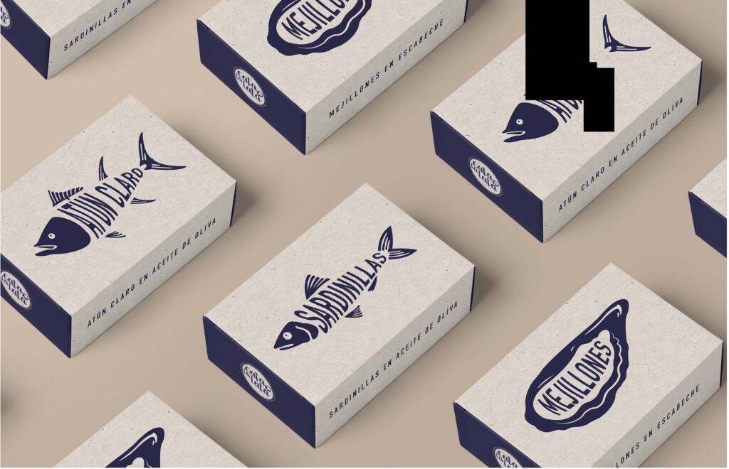 La imagen muestra varias cajas de sardinas y calamares enlatados con un diseño elegante.