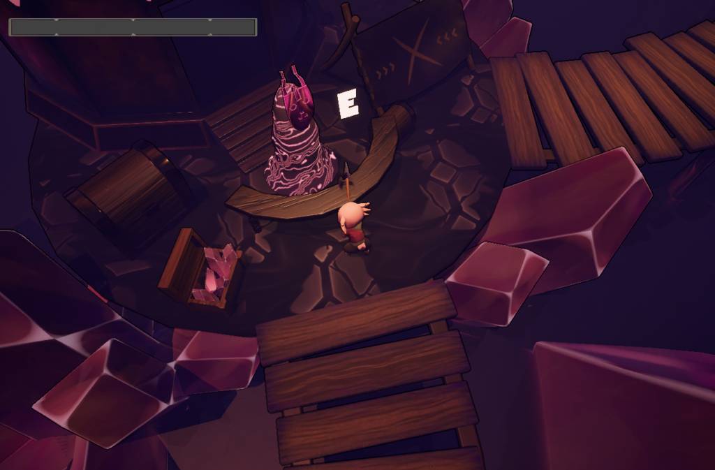Una escena de un videojuego en un entorno oscuro y mágico con un personaje y un objeto misterioso.