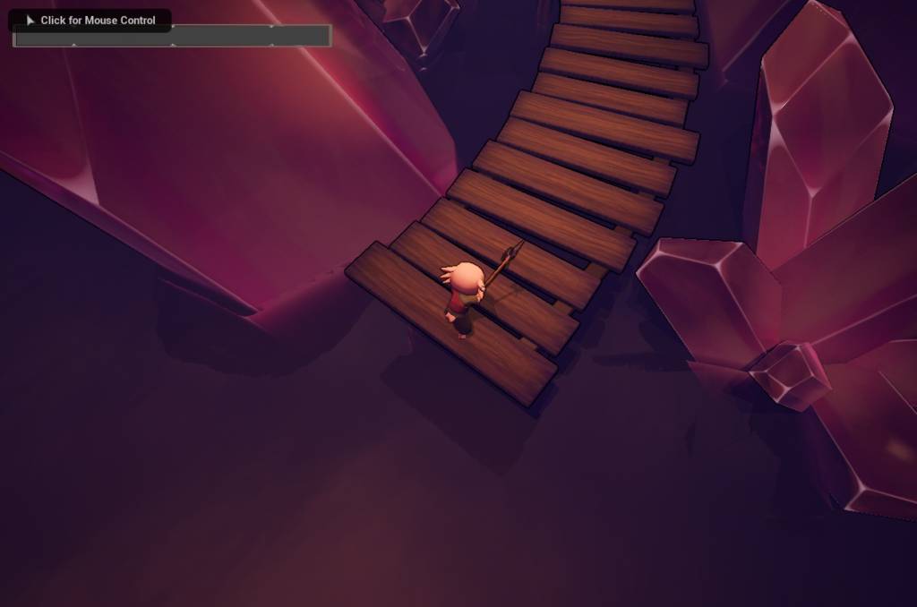 Un personaje pequeño camina sobre un puente de madera en un entorno lleno de cristales brillantes.