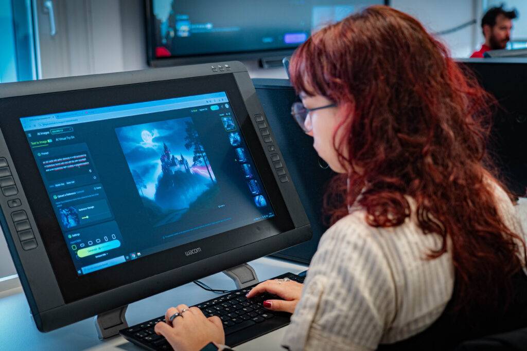 Una mujer trabaja en un monitor digital mientras crea una obra de arte.