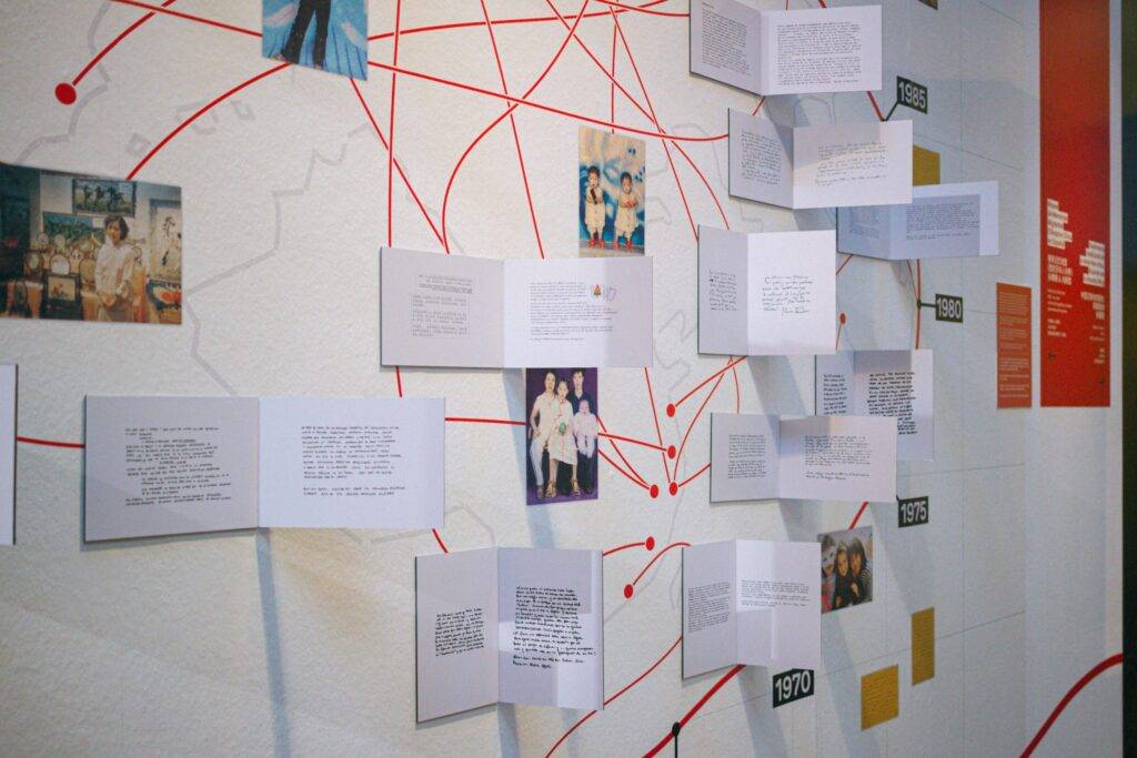 Murales con fotografías y textos informativos interconectados por líneas rojas.