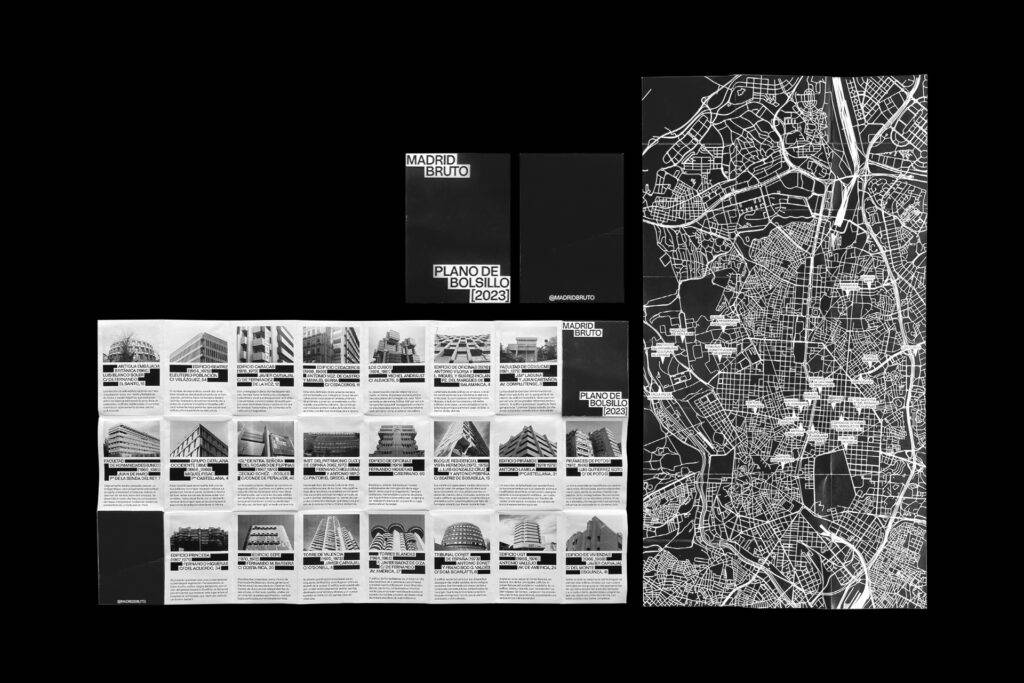 El objeto muestra un plano de la arquitectura moderna de Madrid junto a un mapa de la ciudad.