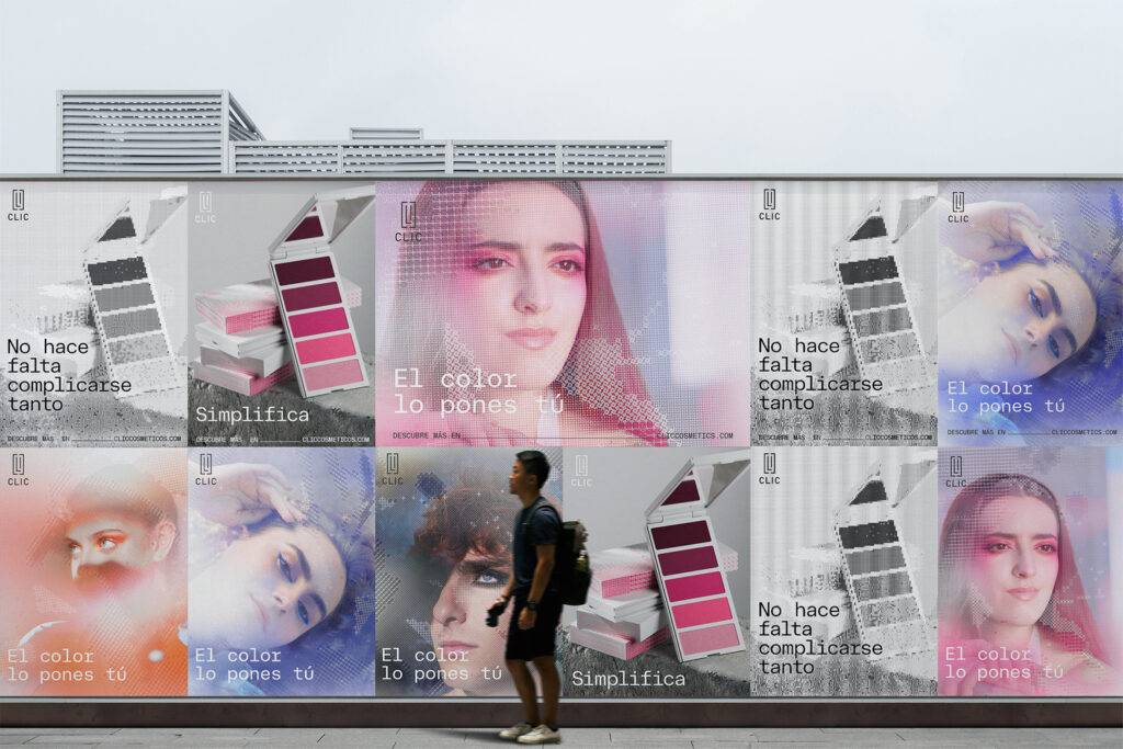Una persona camina frente a una colorida cartelera publicitaria con imágenes de maquillaje y mensajes llamativos.