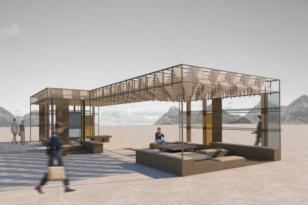 La imagen muestra una estructura contemporánea al aire libre con zonas de descanso y un diseño minimalista.