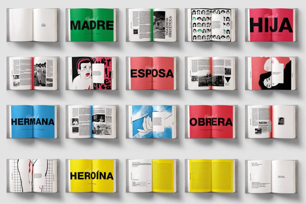 La imagen muestra una serie de páginas de un libro con palabras clave relacionadas con la mujer, como 'MADRE', 'HIJA' y 'HEROÍNA'.