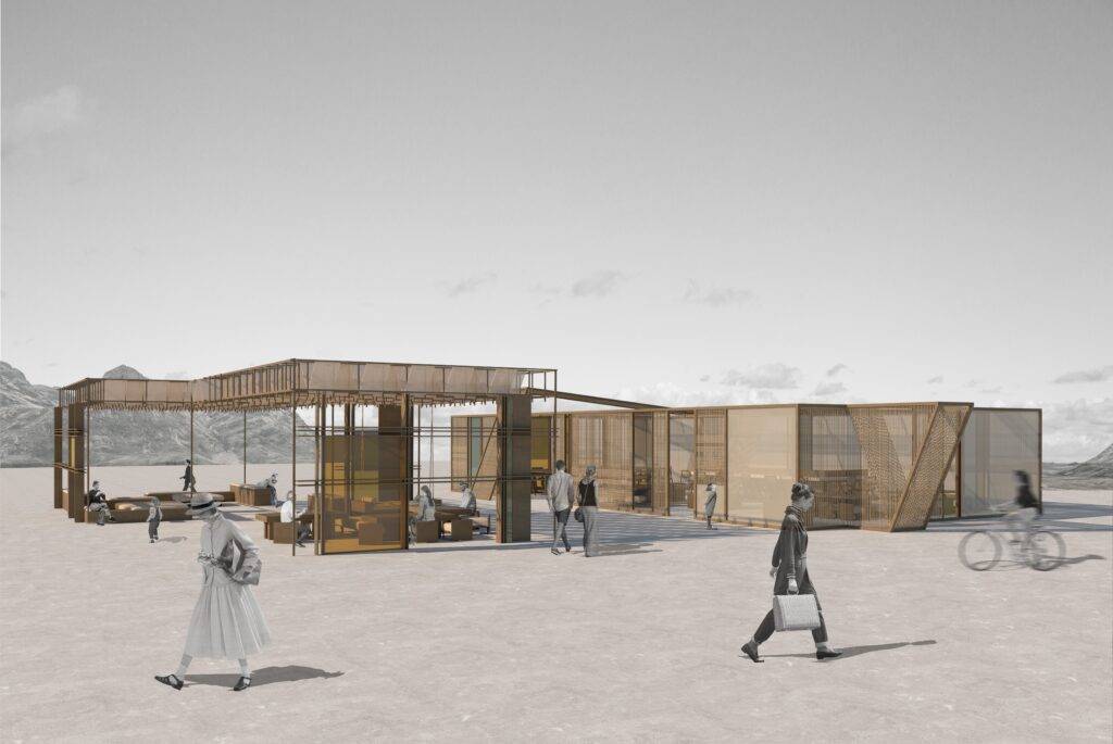 La imagen muestra un diseño arquitectónico moderno de varios edificios en un paisaje desértico.
