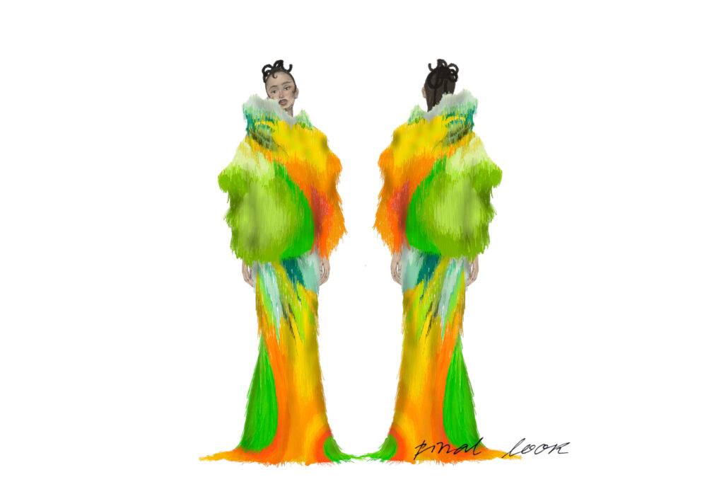 La imagen muestra dos figuras femeninas con vestidos de colores vibrantes y texturas llamativas que remiten a la moda contemporánea.
