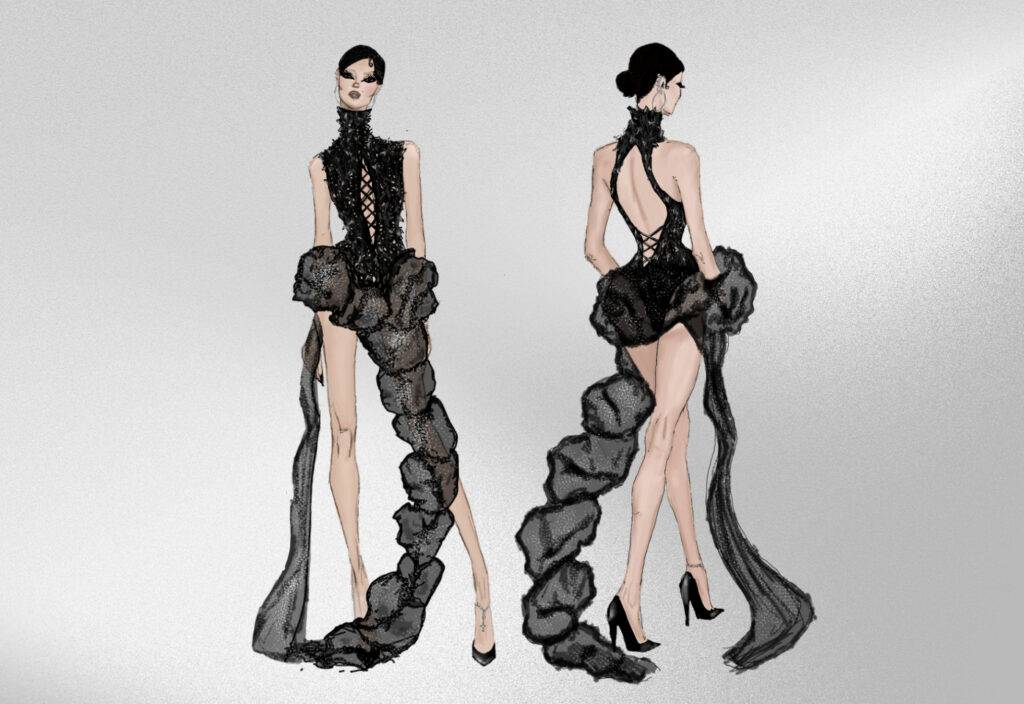 Dibujo de un vestido de alta costura en tonos negros, con un diseño elegante y dramático.