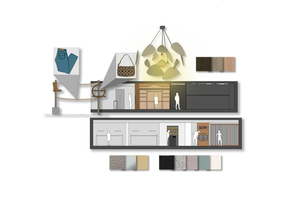 Un diseño conceptual que muestra un espacio de almacenamiento y presentación de productos con iluminación y texturas variadas.