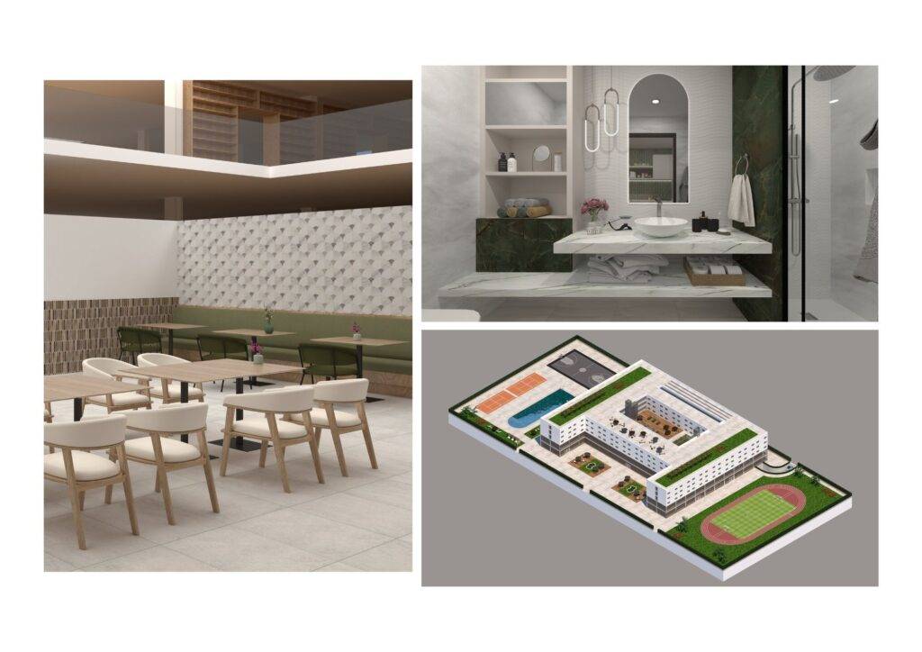 La imagen muestra un diseño arquitectónico que incluye una zona de comedor al aire libre, un baño moderno y un plano de un edificio escolar.