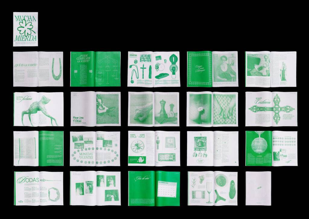 Una composición de páginas impresas en verde con diversos elementos gráficos y textos.