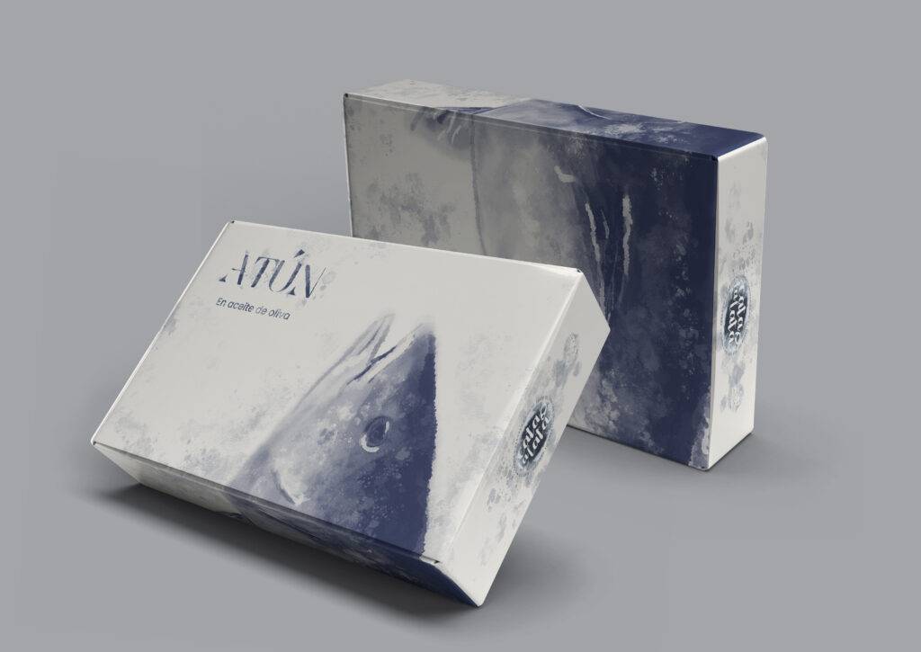 Caja de atún con diseño minimalista en tonos azules y grises.
