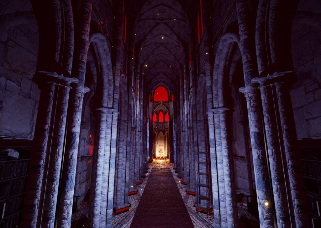 Un pasillo oscuro y largo de una iglesia con arcos y luz roja al fondo.