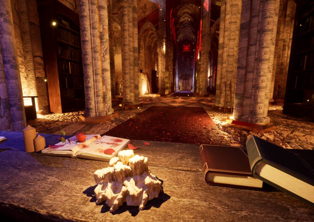 Una biblioteca oscura y misteriosa con columnas altas y libros en las estanterías.