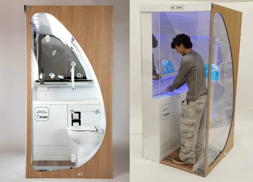 La imagen muestra una cabina moderna de higiene personal con un usuario interactuando con el panel de control.