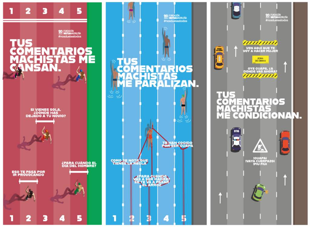 La imagen muestra tres paneles que abordan el impacto de los comentarios machistas en las mujeres a través de diferentes metáforas visuales.