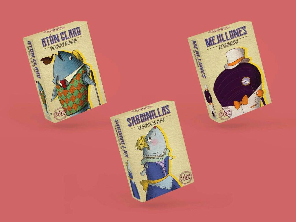 Tres cajas de productos ilustradas con peces antropomórficos sobre un fondo rosa.