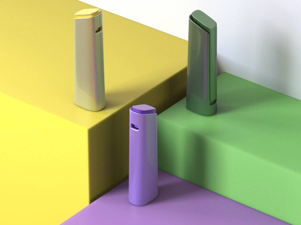 Tres objetos de diseño moderno se encuentran sobre superficies de colores vibrantes en una composición artística.