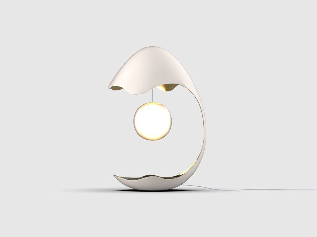 Lámpara moderna con diseño ovalado y una esfera luminosa colgante.
