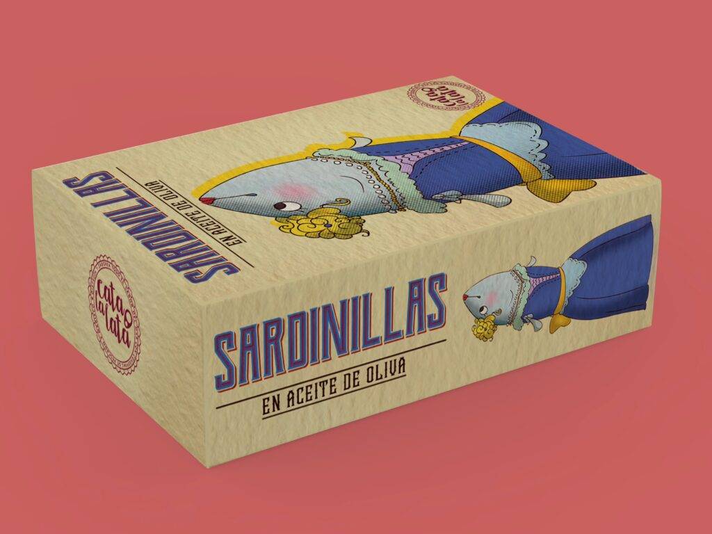 Una caja de sardinas en aceite de oliva con un diseño colorido y divertido.