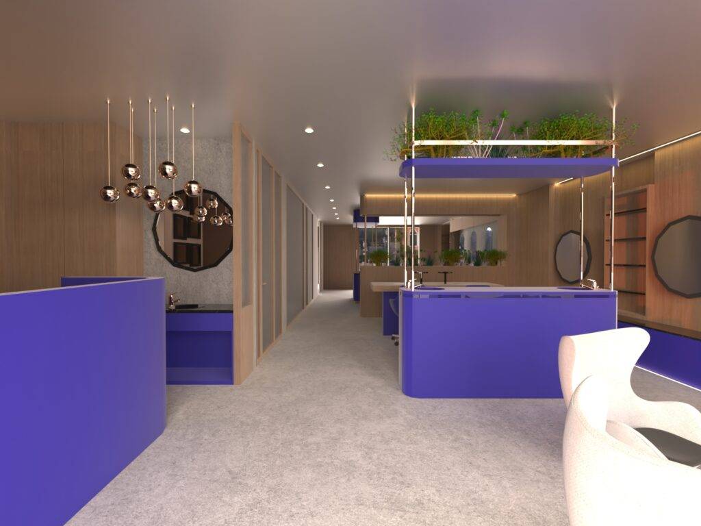 Interior de oficina moderna con decoración en tonos morados y materiales de madera.