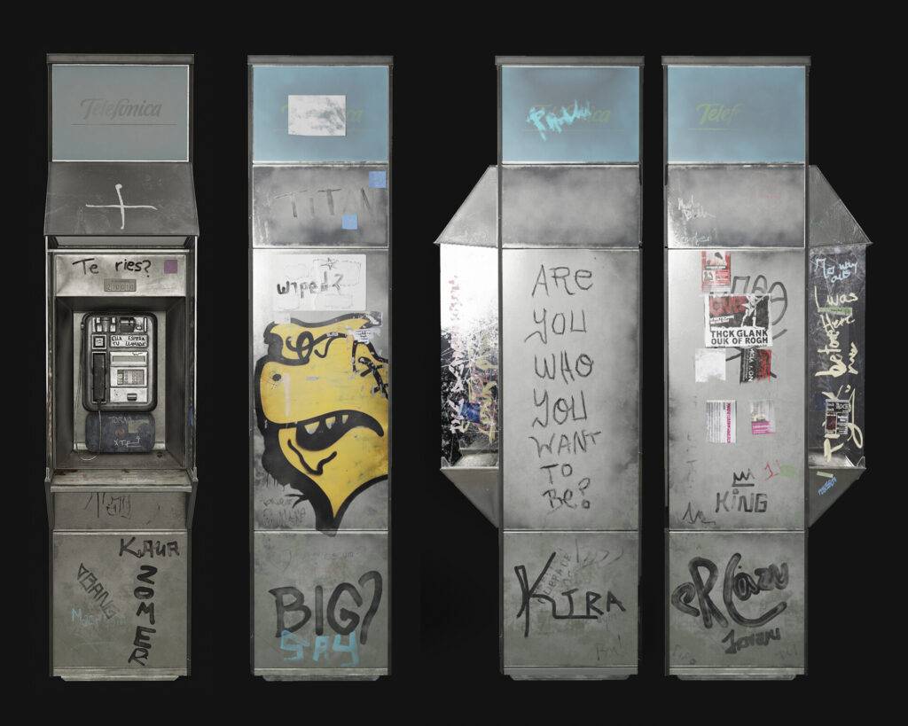 Un teléfono público con varias marcas de graffiti en su estructura metálica.