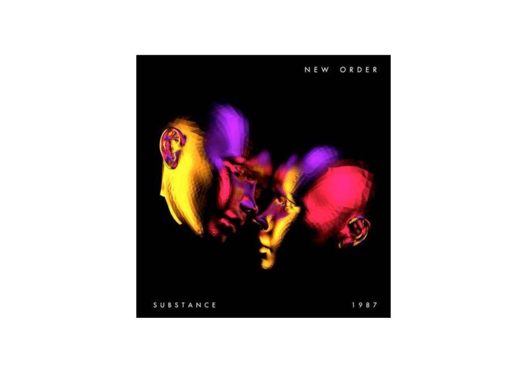 Portada del álbum 'Substance' de New Order, que presenta una composición abstracta de rostros en colores vibrantes.