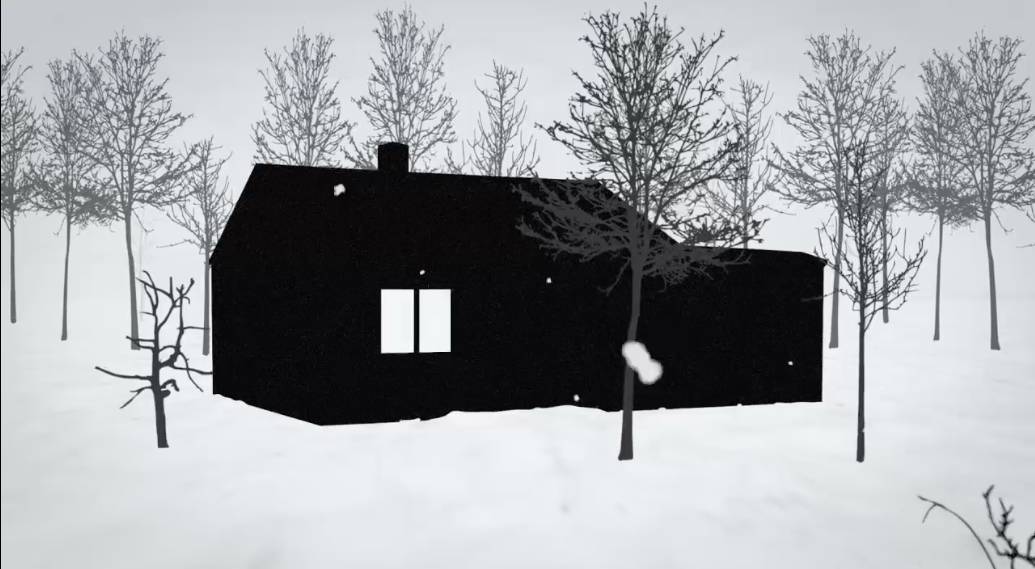 Una casa negra se alza en un paisaje nevado rodeada de árboles deshojados.