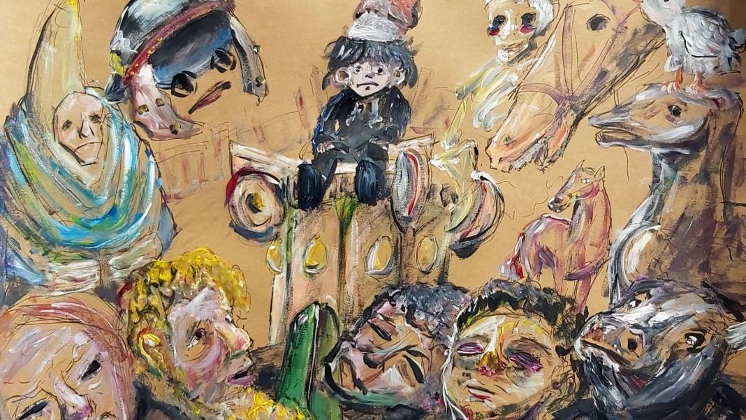 Una colorida obra de arte que representa una multitud de rostros y figuras en un estilo abstracto.