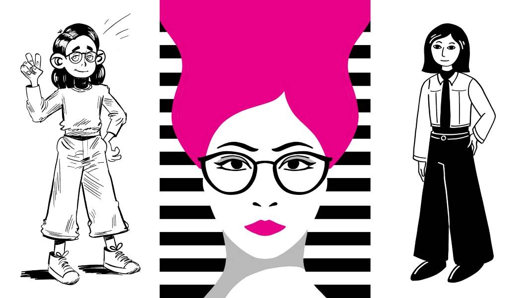 La imagen presenta una ilustración de tres personajes con estilos diversos, destacando un peinado rosa vibrante en el centro.