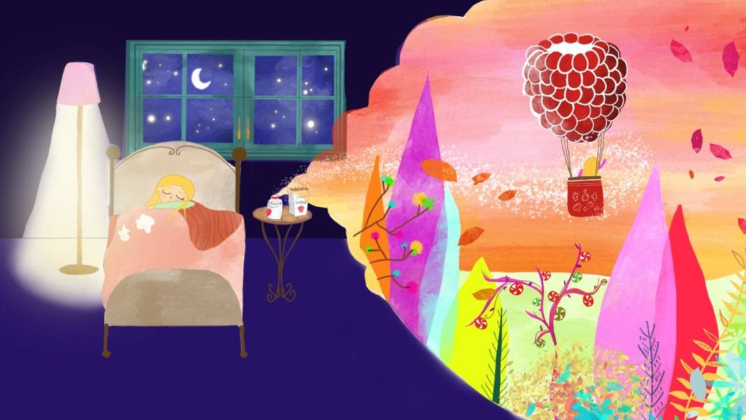 Una niña duerme en su cama mientras sueña con un mundo colorido y lleno de fantasía.