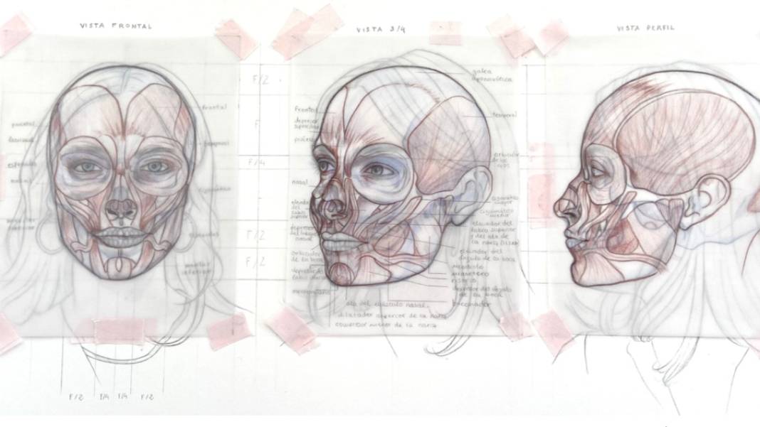 Dibujo anatómico que muestra el sistema muscular y esquelético de un rostro humano desde diferentes ángulos.