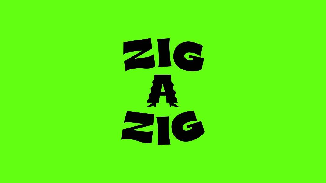 La imagen presenta el texto 'ZIG A ZIG' sobre un fondo verde brillante.