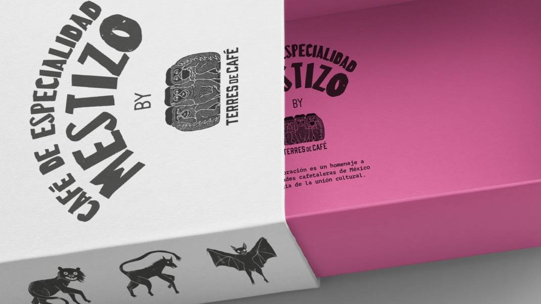 Caja de café de especialidad Mestizo con ilustraciones en blanco y negro y un fondo rosa.