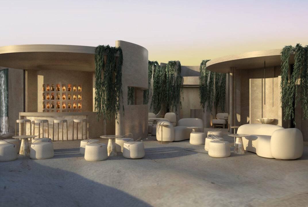 Un moderno espacio interior con muebles de diseño y elementos naturales decorativos.